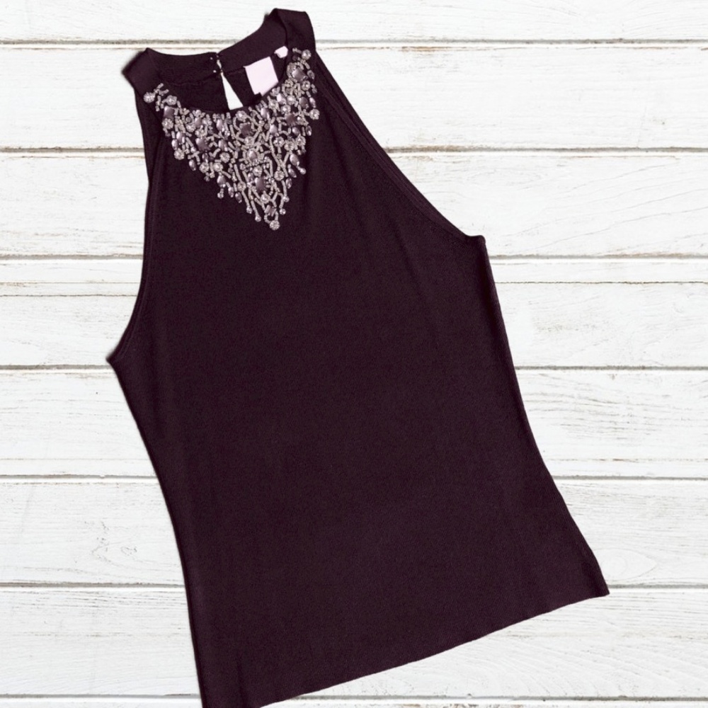 Shu Shu Fine Knit Embellished Black Tank Style Top